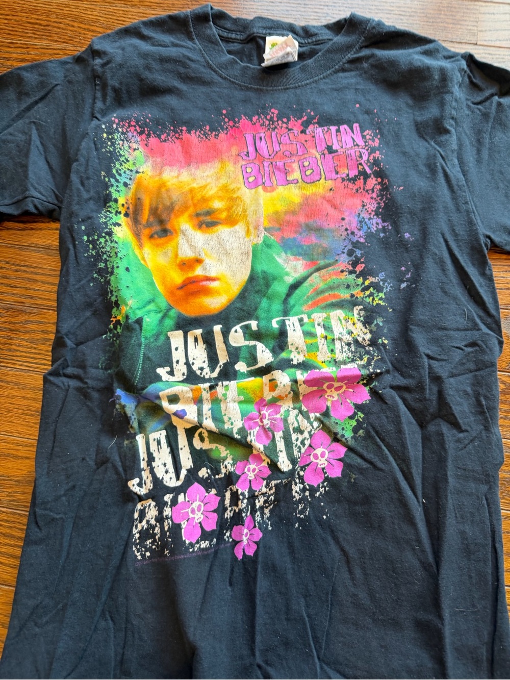 Justin Bieber my world tour Black Short Sleeve Neon Portrait Graphic Tee